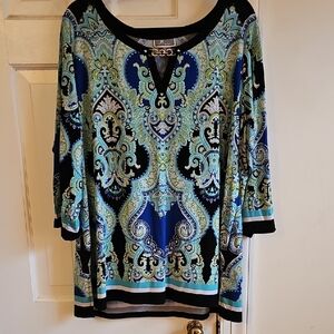 JM Collection Blue Graphic Tunic with 3/4 Sleeves